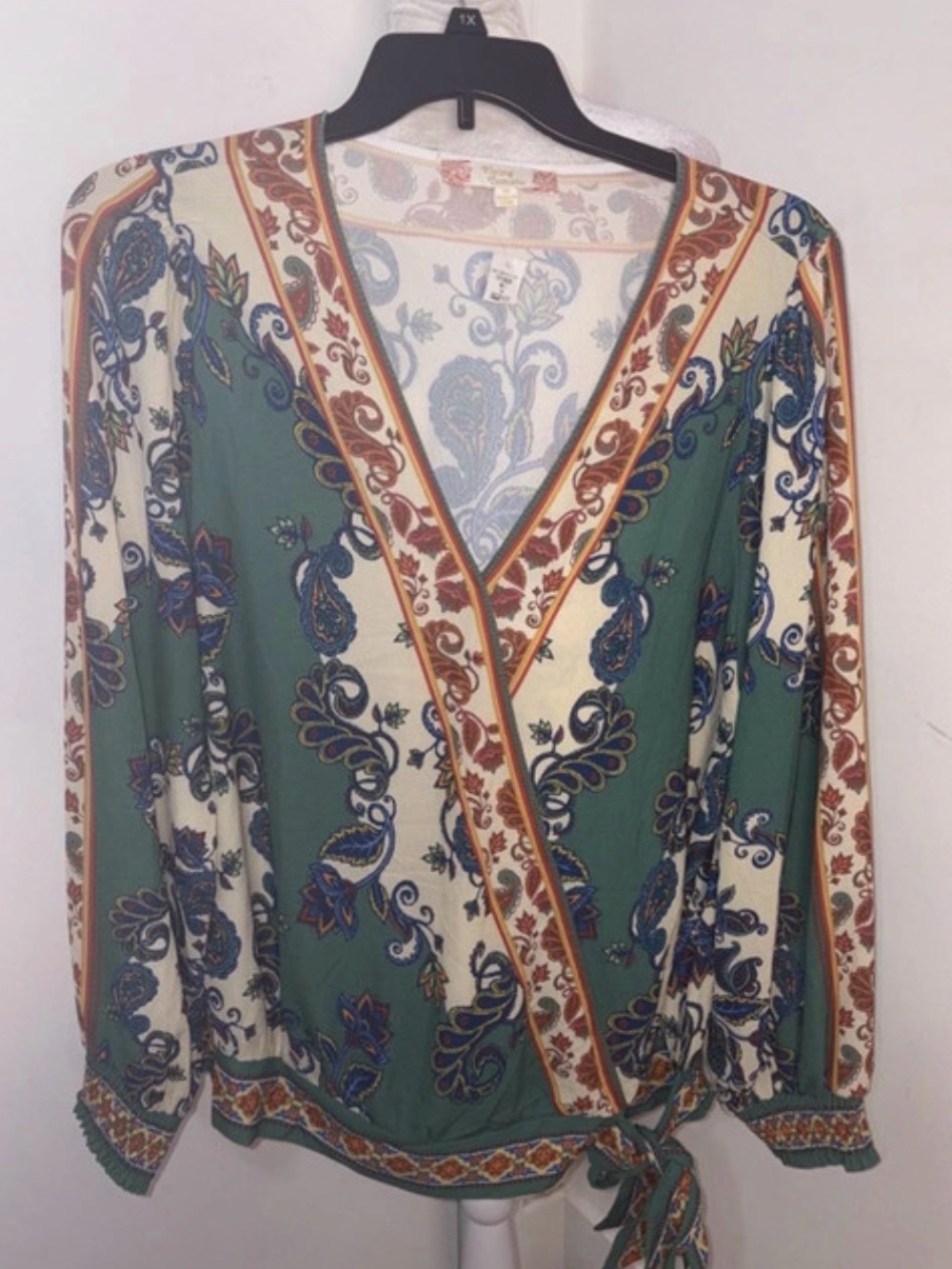 Flying Tomato - Boho Wrap Blouse in Green Paisley